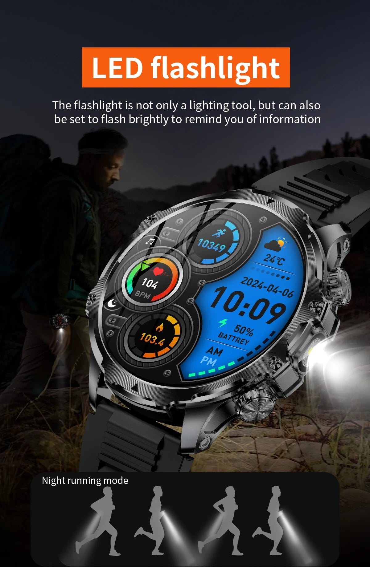 AK75 Smart Watch LED Flashlight Sports Fitness Tracker