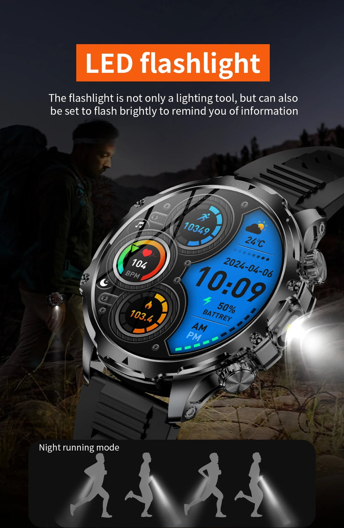 AK75 Smart Watch LED Flashlight Sports Fitness Tracker