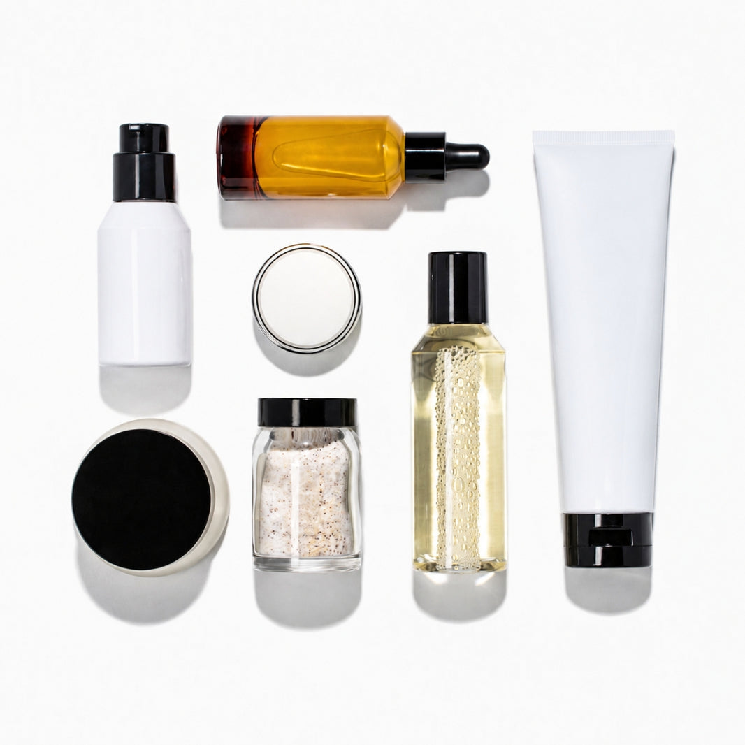 A flat lay of various premium skincare bottles and tubes.