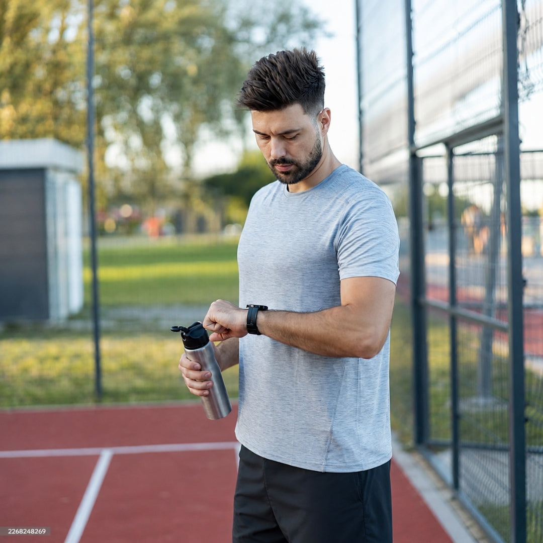 A man holding a water bottle checking his athletic fitness watch.