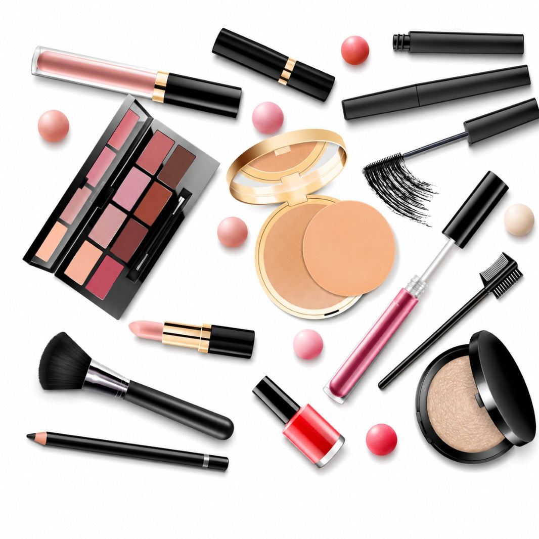 A flat lay of luxury makeup brushes and cosmetics on white.