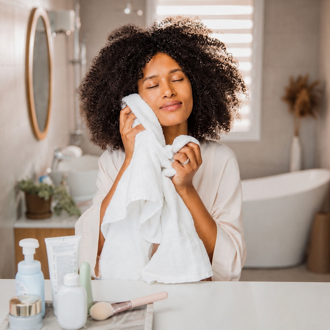 A woman gently cleaning her face with a soft white towel.