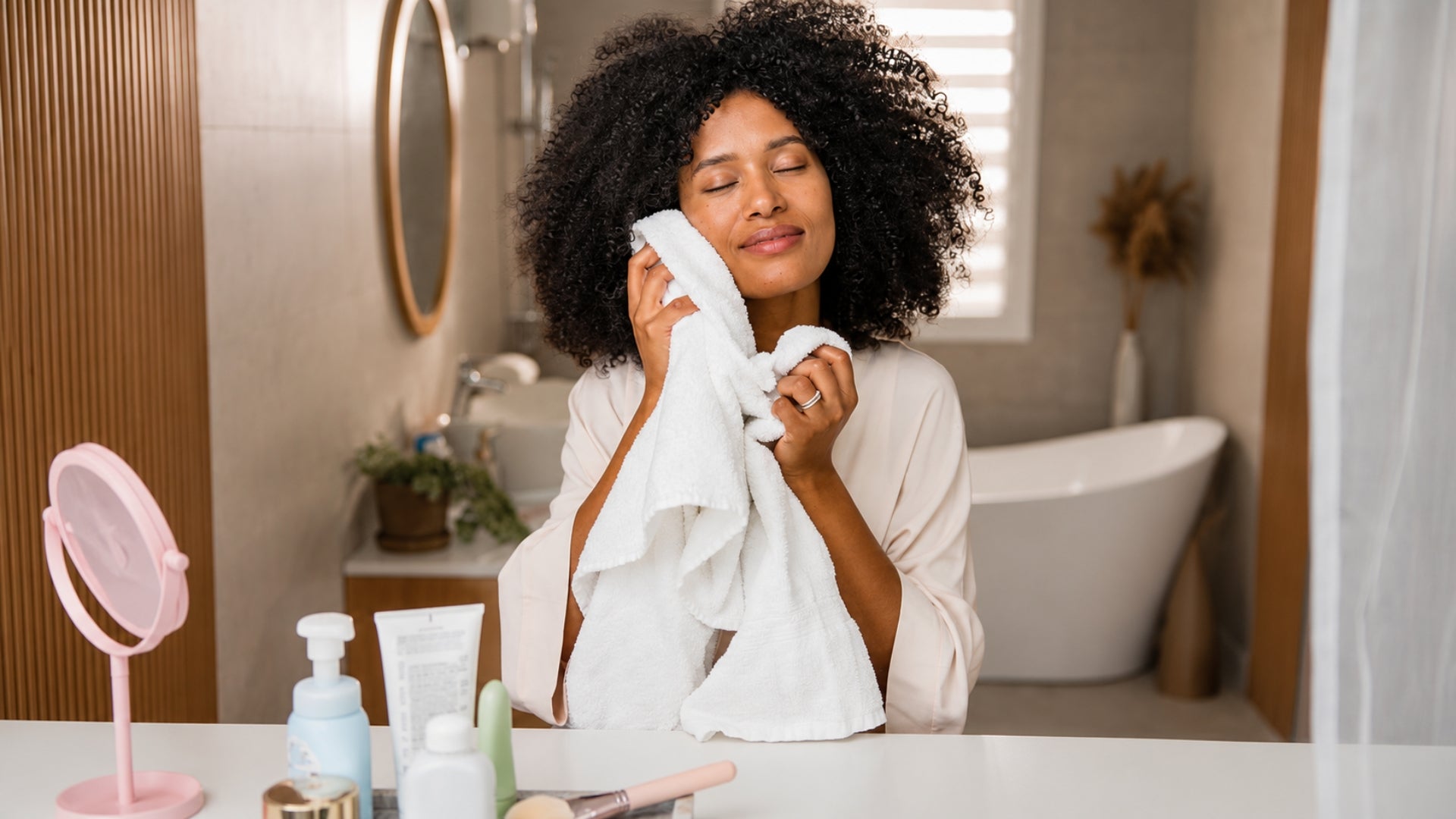 A woman with curly hair gently using a luxury white towel on her face after a skincare routine.